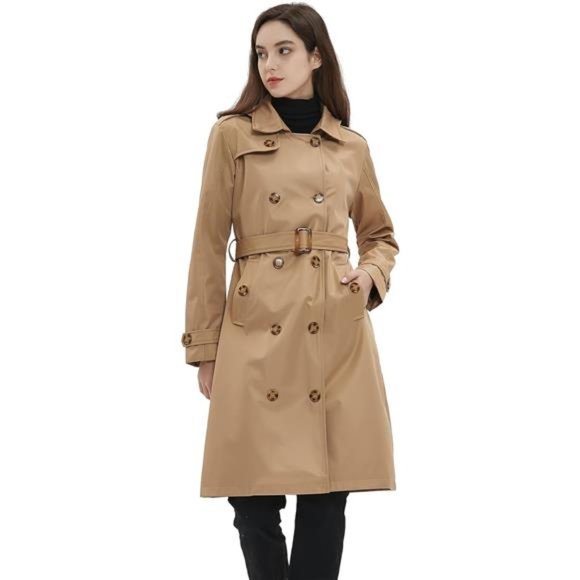 Womens Trench Coat Double-Breasted Long Windbreak Belted Slim